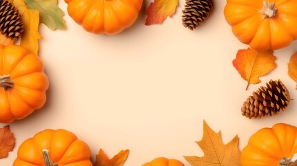 pumpkin border with autumn leaves. thanksgiving day background Flat lay of autumn decorations featuring