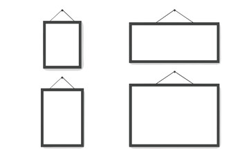 Blank hanging photo frames mockup set. Empty poster templates on wall. Realistic picture frame collection for gallery interior decor, portfolio presentation. Vector illustration.
