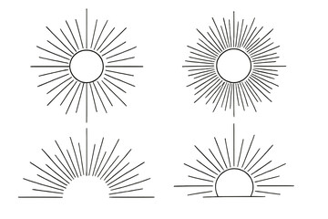 Sunburst and sunrise line art set. Minimalist sun icons with rays. Vintage boho style graphic elements for logo design, tattoo or decoration. Vector linear drawing collection.