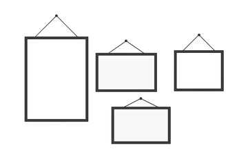 Blank hanging photo frames, modern poster mockup templates. Black picture frame set for gallery wall display. Portfolio and artwork vector illustration on isolated background.