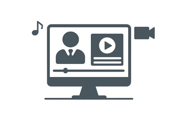 Webinar and online business training concept. E-learning and video tutorial on computer screen. Person icon on video player for remote education and distance learning vector.