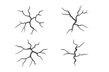 Set of realistic ground cracks. Surface split after earthquake. Damage texture for wall or terrain. Hand drawn sketch vector illustration on a transparent background effect.