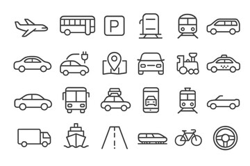Transport line icon set. Car, bus, train, plane, ship outline pictograms. Public transportation, vehicle, travel, and delivery symbols. Taxi, EV, parking vector illustration.