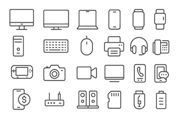 Electronics icon set. Line art web icons for technology and communication. Vector device, phone, laptop, computer, smartphone symbols for ecommerce. Gadget collection.