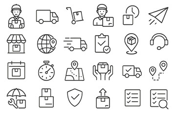 Big set of delivery and logistics line icons. Vector symbols for shipping, transport, e-commerce. Includes courier, package tracking, express delivery, customer support icons.