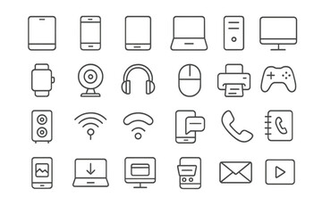 Electronics icon set in thin line style. Collection of technology and web symbols. Device, phone, laptop, communication, smartphone, ecommerce, internet vector illustrations.