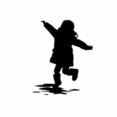Silhouette of a girl jumping in a puddle with boots isolated on white background