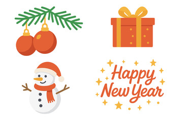 Christmas holiday vector icon set with snowman, gift box, festive ornaments on a pine branch. Happy New Year flat design graphic elements. Winter celebration illustration collection.