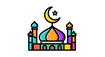 Colorful Mosque Illustration with Crescent Moon and Star.