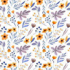 Seamless Watercolor Floral Pattern with Orange and Blue Flowers.