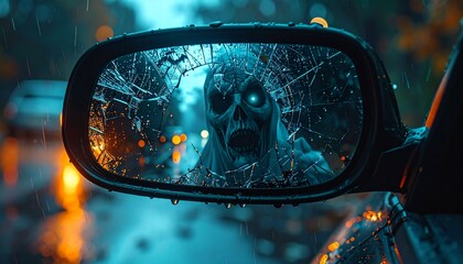 Horror ghost reflection in cracked car mirror at night. A terrifying ghostly face reflected in a broken car side mirror on a rainy night, cinematic lighting and eerie Halloween horror mood.