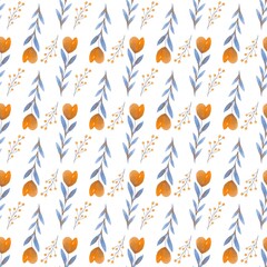 Seamless Watercolor Floral Pattern with Orange and Blue Flowers.
