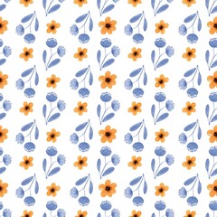 Seamless Watercolor Floral Pattern with Orange and Blue Flowers.