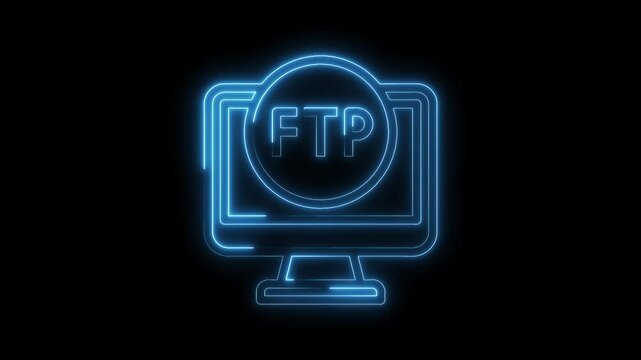 Glowing ftp neon sign on computer monitor against black background depicting file transfer protocol