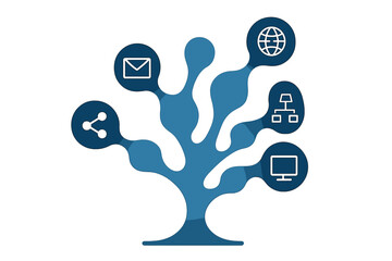 Digital media growth concept. Abstract technology tree with integrated icons for network, internet, communication and strategy. Metaphor for global connection and business marketing.