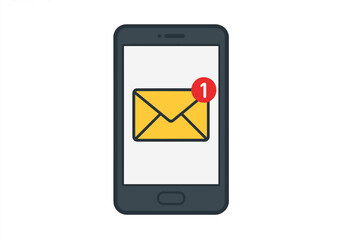 New email notification on smartphone screen. E-mail envelope with one unread message alert. Concept for electronic mail, newsletter, spam, marketing, and online communication.