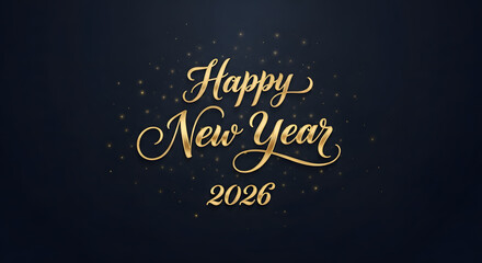 Elegant 2026 happy new year celebration text overlay with glittering confetti on dark backdrop