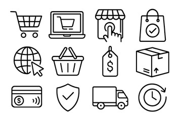 Online shopping & e-commerce line icon set. Web store, retail business, delivery service symbols. Internet purchase, payment, shipping & marketing vector pictograms for UI/UX.