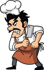 Angry cartoon chef, kitchen rage, cooking character, meat cleaver, furious cook, vector illustration, restaurant drama, chef expression, stock image, apron pose