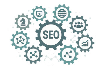 SEO search engine optimization mechanism concept. Integrated gears and icons for strategy, digital marketing, internet, network, analytics, social media. Infographic vector.