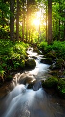 Fototapeta premium Sunlight streams through a lush forest, illuminating a babbling brook