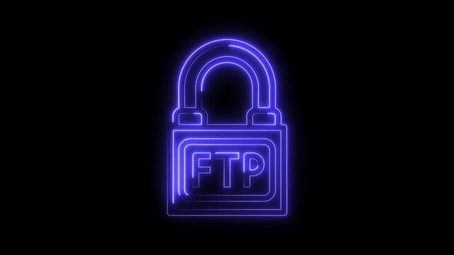 Neon style ftp lock icon animation on black background represents secure file transfer protocol