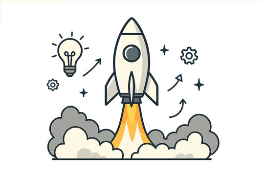 Startup business concept rocket launch, successful project start-up, innovation strategy, technology boost, rocketship takeoff, creative vector illustration, growth ideas