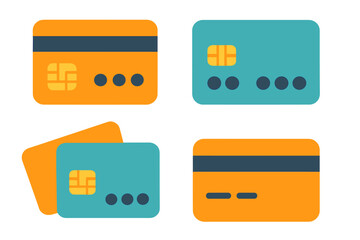 Flat style credit cards vector illustration set with chip and magnetic stripe, modern electronic payment designs, colorful secure finance icons for digital transactions