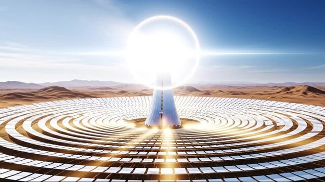 Futuristic concentrated solar power plant efficiently harnessing the sun's abundant energy in a desert, representing a beacon of sustainable technology and clean power generation