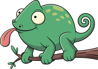 Cartoon chameleon on branch, cute reptile, playful design, vector illustration, tongue extended, children nature art, stock image, green lizard mascot