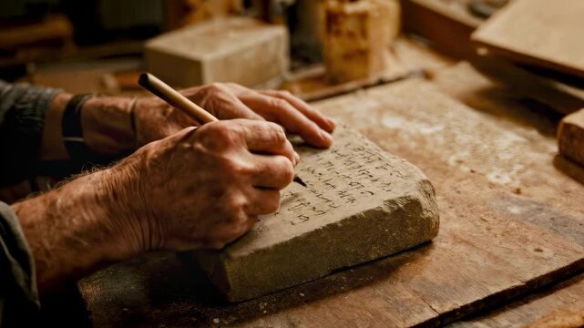 A person writing on a stone tablet with a chisel. Writing, ancient times, knowledge, communication, history