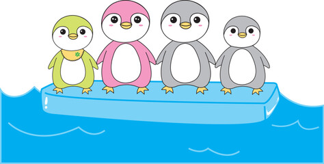 Vector graphics: Penguin family standing on ice floes
