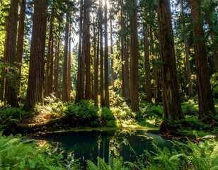 Obraz premium Sunlight streams through a lush forest with a tranquil pool