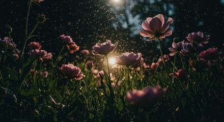 A field of pink flowers is illuminated by the setting sun with a bokeh effect creating a magical atmosphere