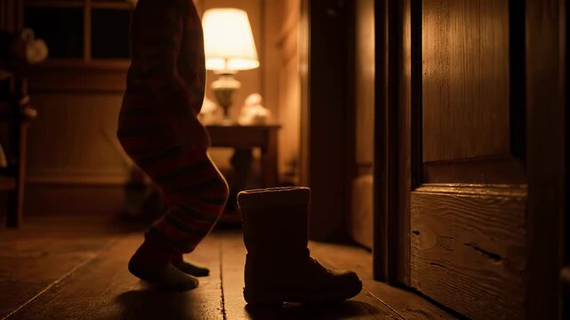 A child in pajamas places a boot on the floor for St. Nicholas Day. Sinterklaas holiday tradition at home. Childhood anticipation and Christmas magic