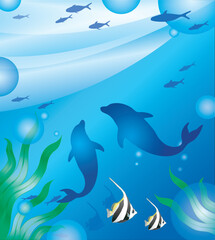 vector illustration of an underwater world. dolphins, tropical fish, water plants