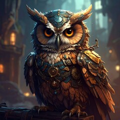 Steampunk fantasy owl with armor