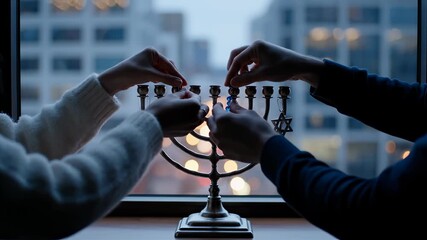 Couple's hands placing candles in a Hanukkah menorah. Celebrating the Jewish holiday together by a window. Festival of Lights tradition and observance concept - Powered by Adobe