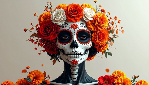 Calavera Catrina decorada con flores de cempasúchil y rosas rojas y blancas, estilo elegante y limpio, líneas suaves, colores contrastados pero sencillos 