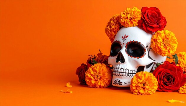 Calavera Catrina decorada con flores de cempasúchil y rosas rojas y blancas, estilo elegante y limpio, líneas suaves, colores contrastados pero sencillos 