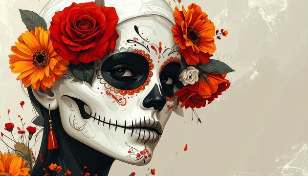 Calavera Catrina decorada con flores de cempasúchil y rosas rojas y blancas, estilo elegante y limpio, líneas suaves, colores contrastados pero sencillos 