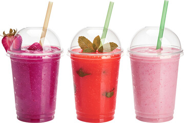 Refreshing Trio of Vibrant Fruit Smoothies in Clear Cups, Perfect for a Healthy Summer Drink