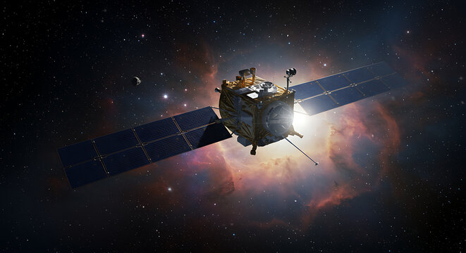 An artistic rendering of a scientific satellite exploring a vibrant nebula in deep space.