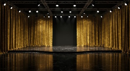A stage with gold curtains black marble floor and overhead lighting