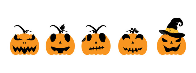 Set of Halloween pumpkins with scary and cheerful faces on white, black, and orange backgrounds. Halloween holiday. Vector illustration