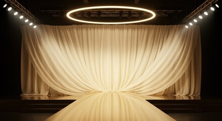 A stage with creamcolored curtains a runway spotlights and an overhead circular light
