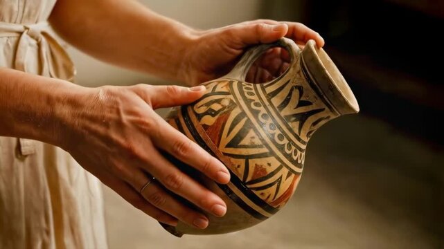 A person's hand holding a Greek amphora. Amphora, ancient pottery, art, culture, history