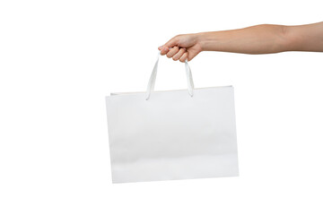 A person's hand holding a paper shopping bag with handles on a clean white background. Studio shot...