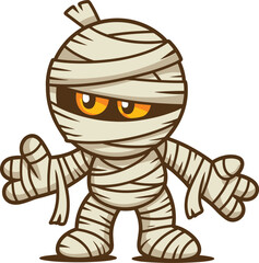 Cartoon mummy character, Halloween design, wrapped bandages, orange glowing eyes, spooky illustration, cute monster, funny style, vector, kids theme