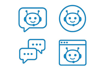 Chat bot icon set. Virtual assistant for website customer service. AI robot head technology concept. Chat in speech bubble. Online support symbol. Communication line art.